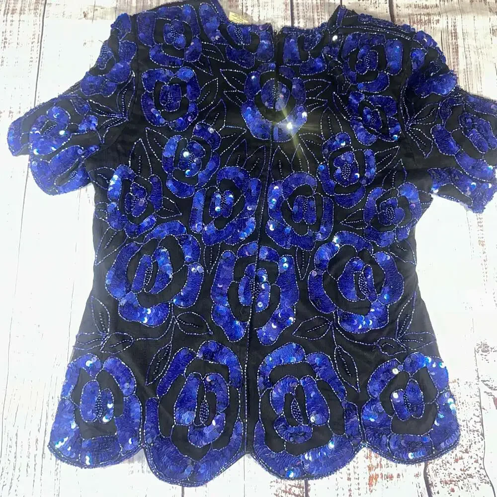 Stenay Vintage 100% Silk Blue Sequin Beaded Floral Rose Top Y2k Glam-L - Picture 5 of 5